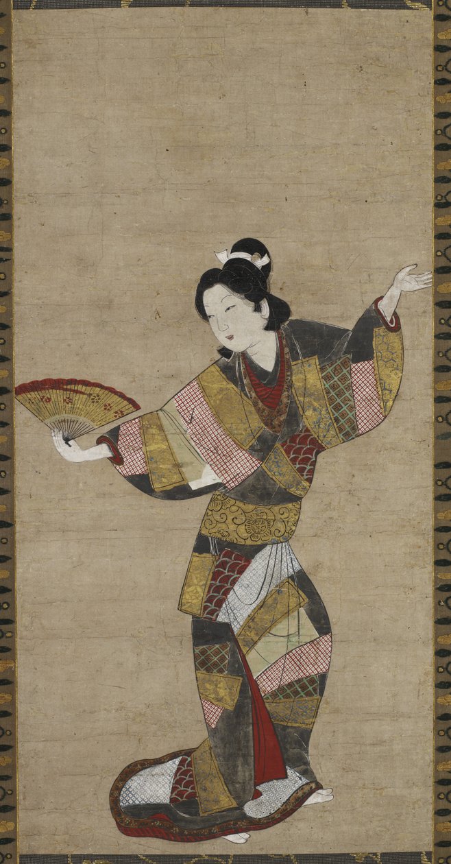Tanečnice s ventilátorem, c. 1640-1650 (inkoust, barva, zlato a skořápka bílá na papíře) od Japanese School