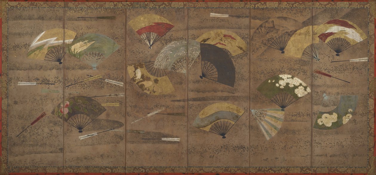 Zdobené vějíře, zástěny (šestipanelové), začátek 17. století (barva, inkoust a zlato na papíře) od Japanese School
