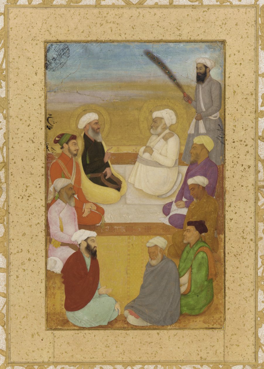 Dara Shikoh s Mian Mir a Mulla Shah, oddělené albové folio s malbou, cca 1640 (neprůhledný akvarel, inkoust a zlato na papíře nalepeno na kartonu) od Mughal School