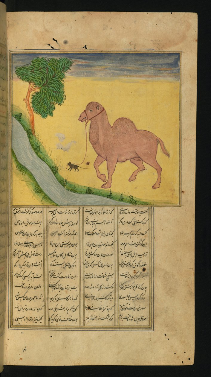 Myš, držící otěže velblouda, u proudu vody, ilustrace ze sbírky básní, od Jalal al-Din Rumi, 1663 (inkoust a pigmenty na papíře) od Persian School