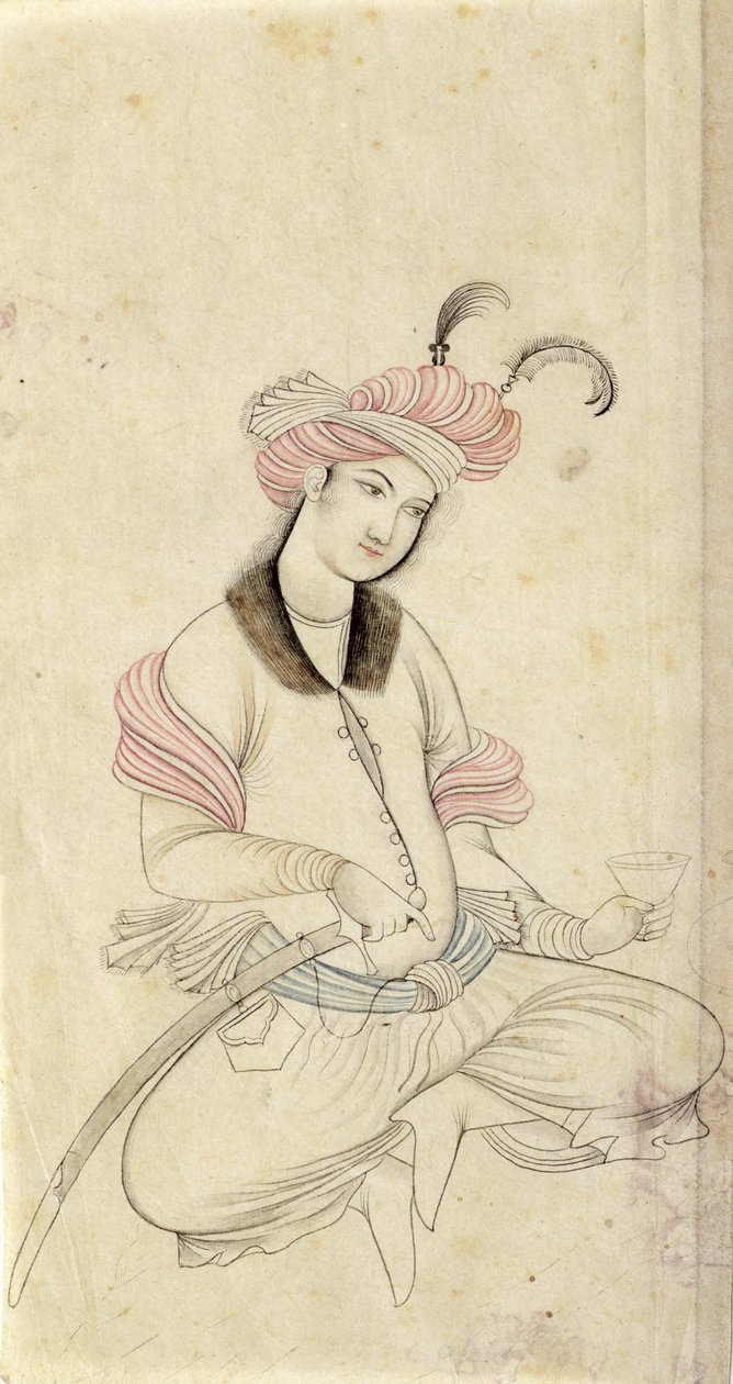 Perský mladík, držící druhou rukou na jílci meče pohár na víno, podle originálu z Isfahánu z počátku 17. století, kolem roku 1825-35 (pero, inkoust a pero na papíře) od Persian School