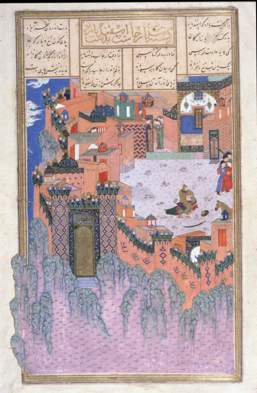 Arjasp zabitý od Isfandiyara v Brazen Hold, ilustrace z Shahnamy (Kniha králů), od Abul-Qasima Manura Firdawsiho (c.934-c.1020) c.1440-45 (pero, inkoust a wc na pergamenu) od Persian School