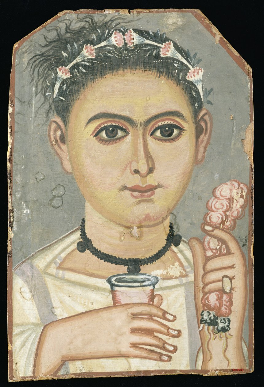 Portrét mladého člověka: chlapec s květinovou girlandou ve vlasech, pravděpodobně z Er-Rubiyat, Faiyum, Egypt, cca 200-230 (tempera na dřevě) od Roman