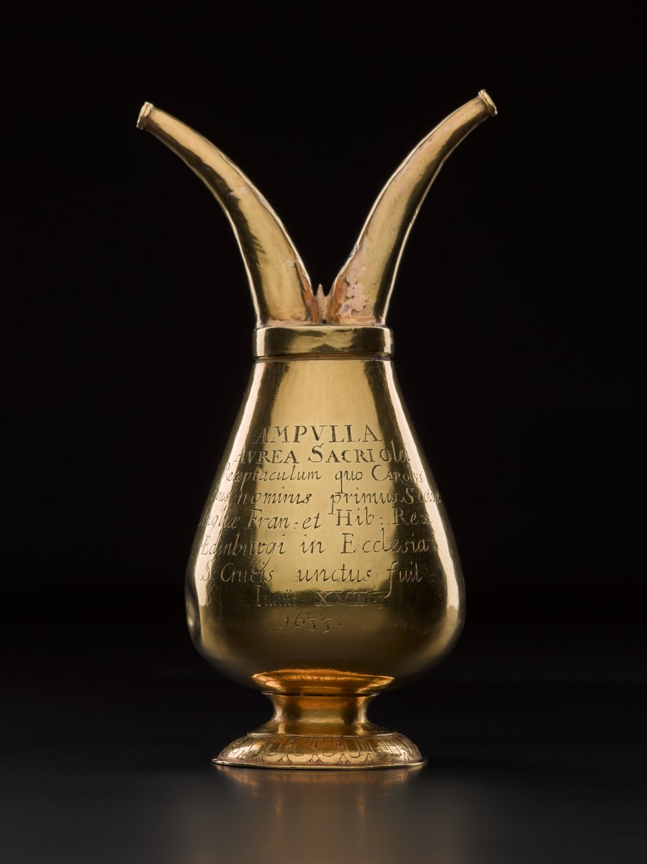 Ampulla, která obsahovala posvátný olej na pomazání pro korunovaci Karla I. (1600-49) v Holyroodhouse dne 18. června 1633, pravděpodobně vyrobený Jamesem Dennistounem, jáhnem z Edinburghu začleněním zlata od Scottish School