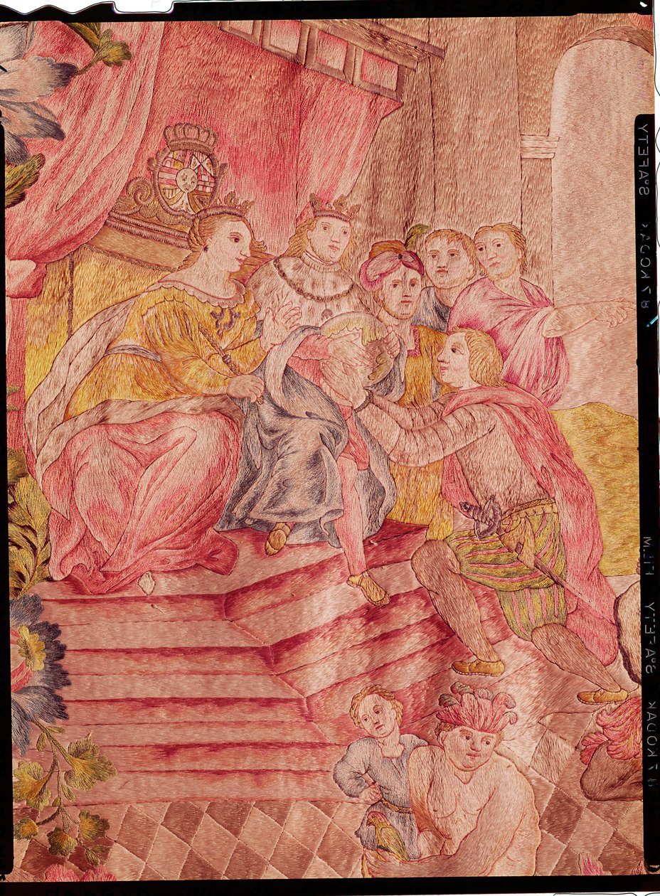 Kryštof Kolumbus (1450-1506) před Ferdinandem II. (1452-1516) Aragonským při návratu z objevení Ameriky (hedvábné vyšívání) od Spanish School