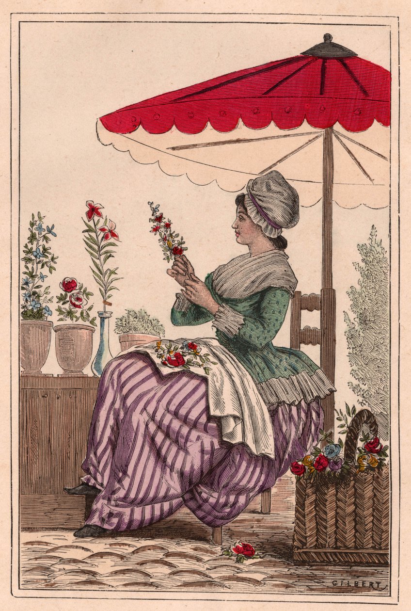 Květinářka, sedící pod deštníkem, tvořící kytice z červených květin (barevná rytina) od Unknown