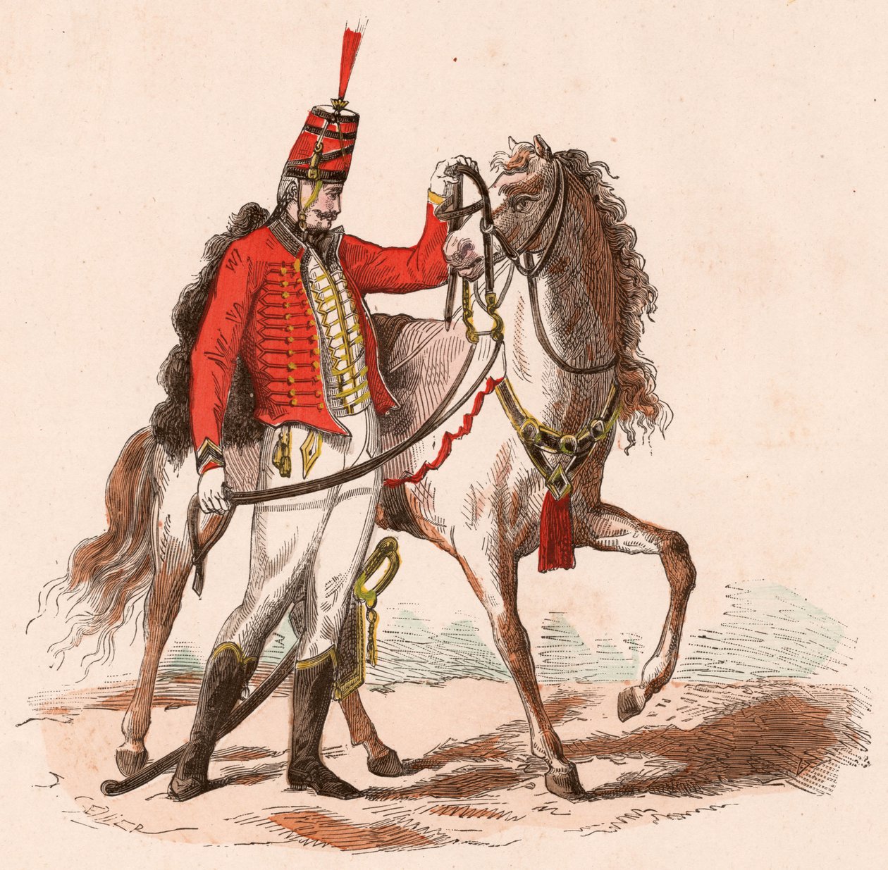 Francouzský husar v uniformě stojící vedle svého koně (barevná rytina) od Unknown