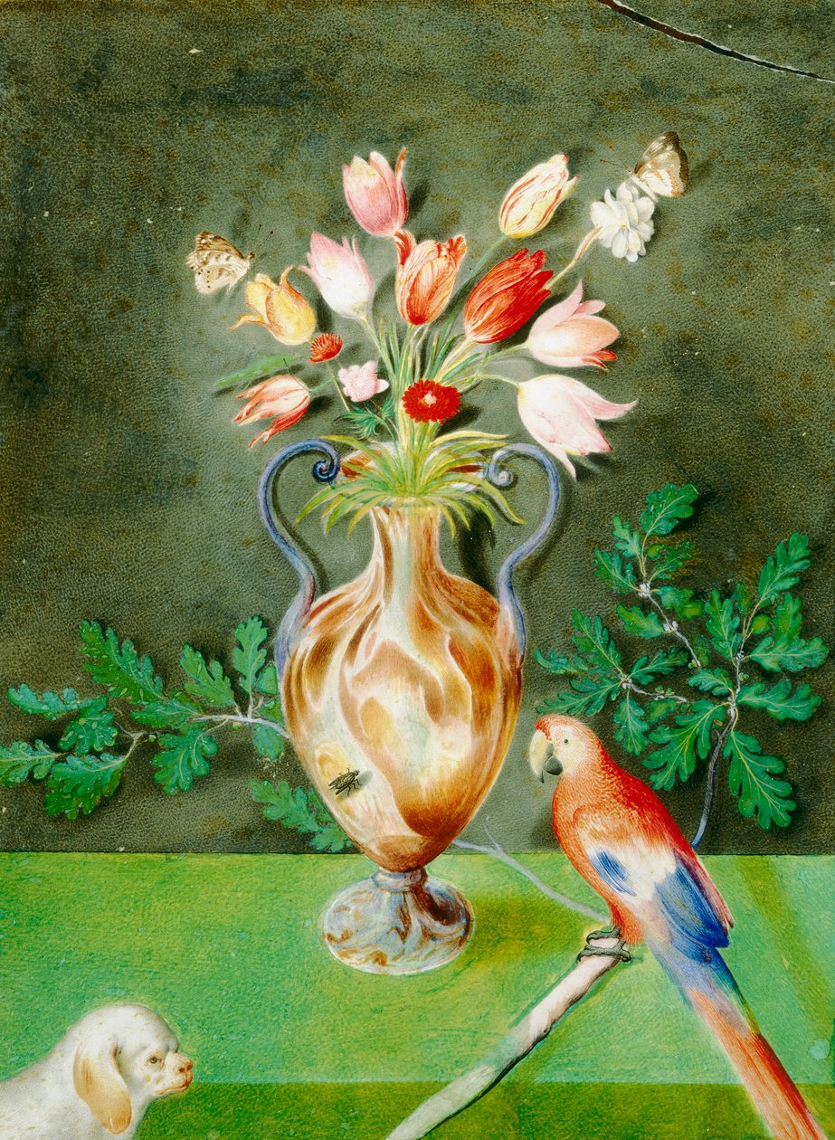 Váza s květinami, papoušek a lapdog, cca 1600-25 od Unknown