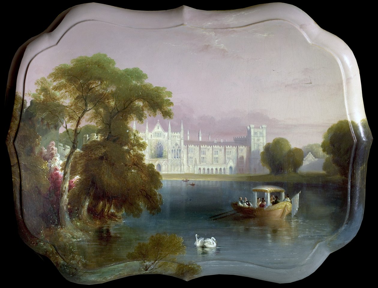 West View of Newstead Abbey, Nottinghamshire, včetně večírku na lodičkách na Upper Lake (olej na papír-mache) od Unknown