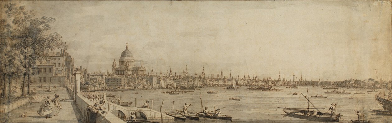 Temže a City of London z Terrace of Somerset House (pero a hnědý inkoust s šedým praním na papíře) od Giovanni Antonio Canal