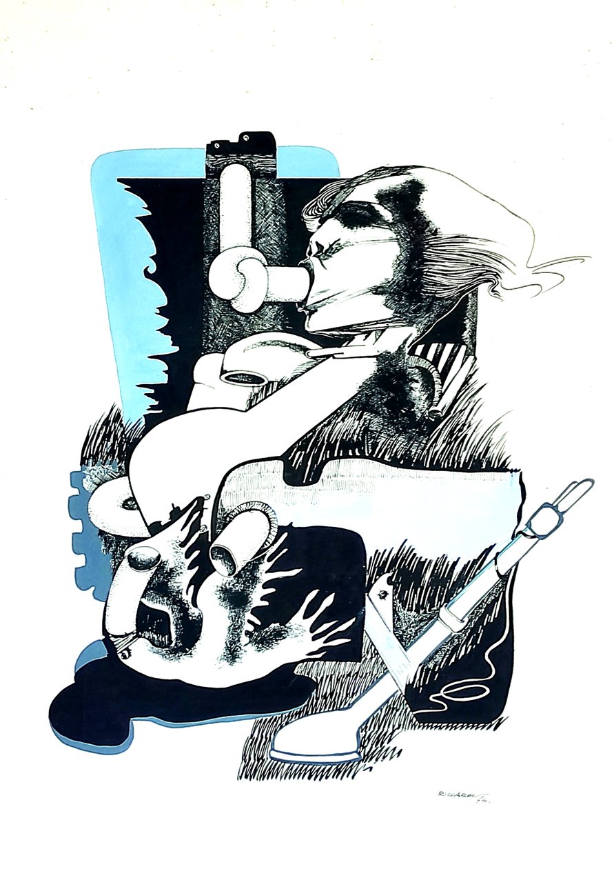 G. C. Riccardi, Proposta e Stop, 1974, Tinte auf Papier, 40x70, Italien. od Gian Carlo Riccardi