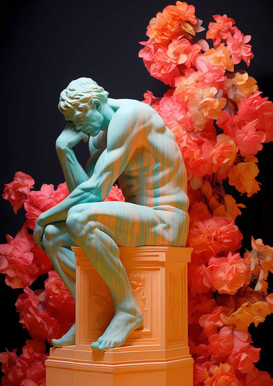 The thinker statue in floral decoupage, Plakáty na plátně, online tisk na zeď od F. Abderrahim