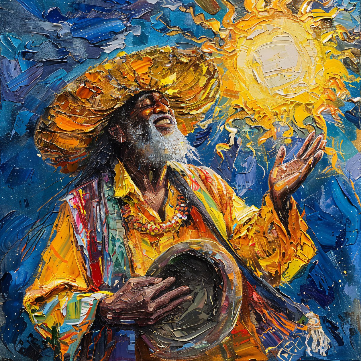 Šťastný mexický muž s kloboukem tančí, van gogh tahy štětcem styl malby od F. Abderrahim