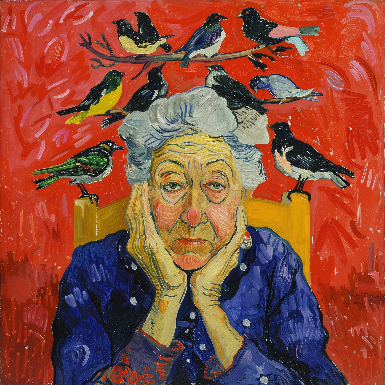 Žena s ptáky na hlavě : malba ve stylu Matisse | výzdoba stěn, umělecké výtisky od F. Abderrahim