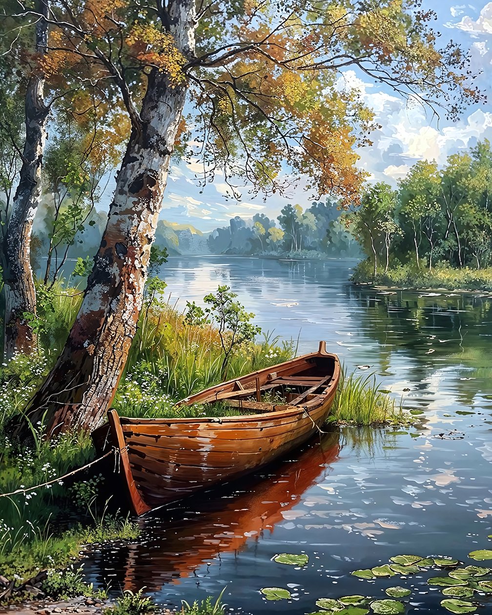 Felucca v klidném jezeře lemovaném stromy, dekorace na zeď do ložnice od F. Abderrahim
