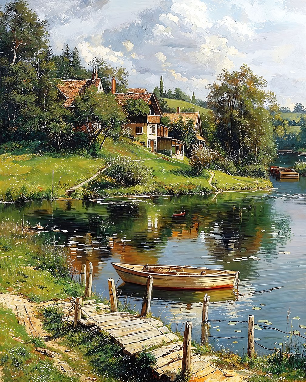 Dřevěná loď kotvící u řeky a tradiční vesnice od F. Abderrahim