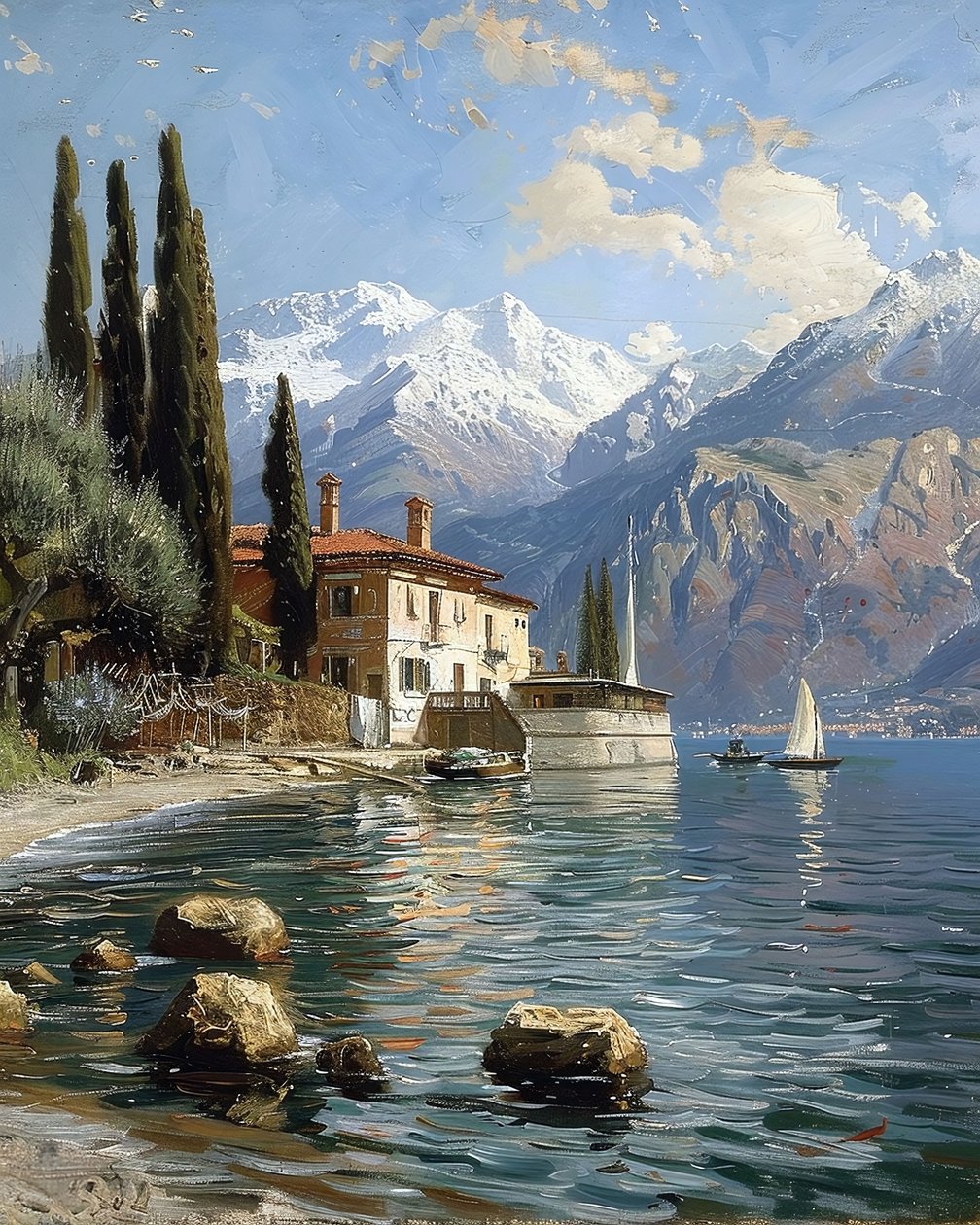 Dům s výhledem na velké jezero vedle pohoří od F. Abderrahim