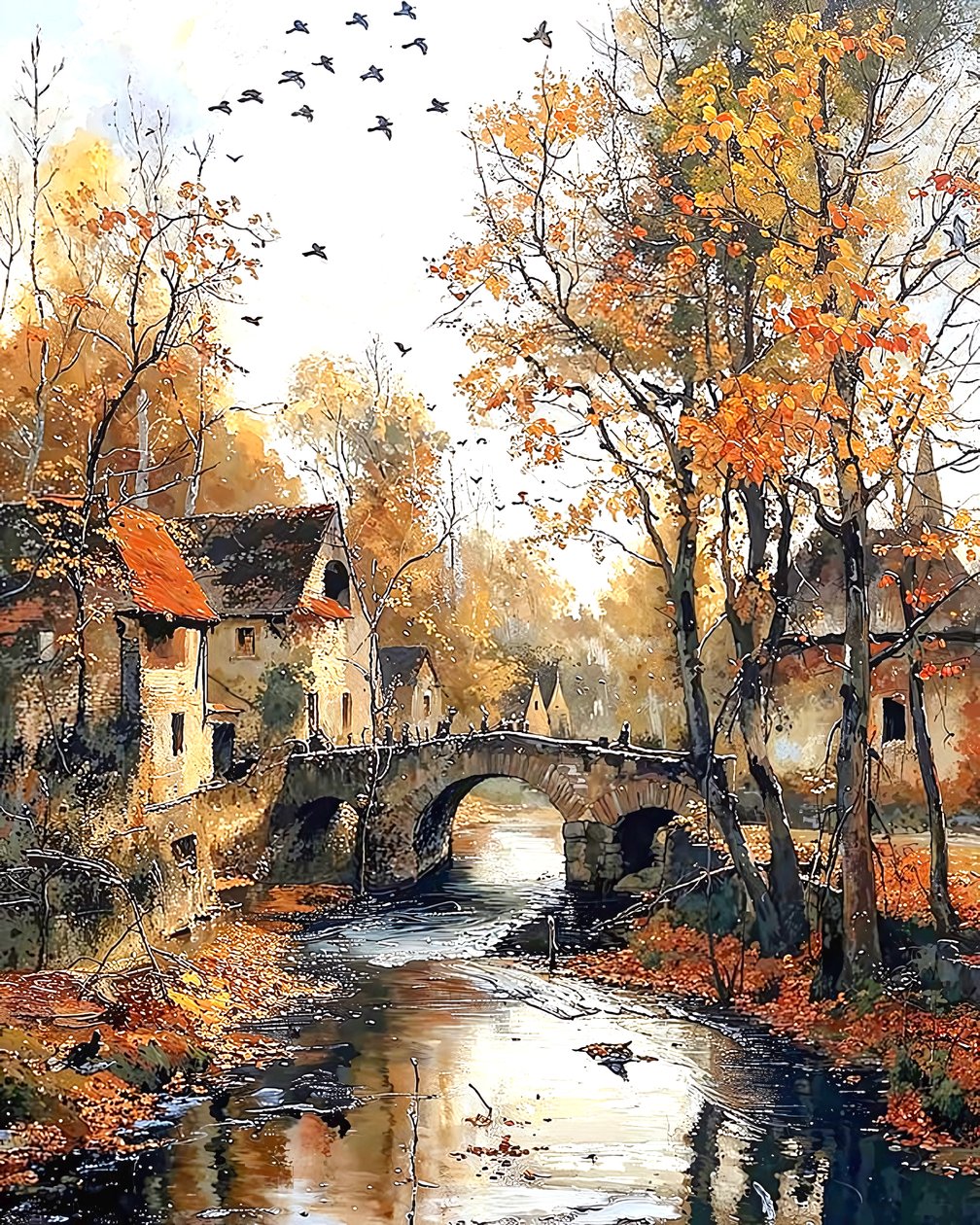 Tradiční dům a most přes řeku, výzdoba stěn od F. Abderrahim