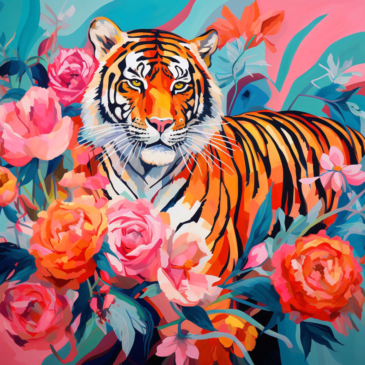 Abstraktní malba Pivoňka Rose  tiger, živé barvy, nápady na výzdobu stěn od F. Abderrahim