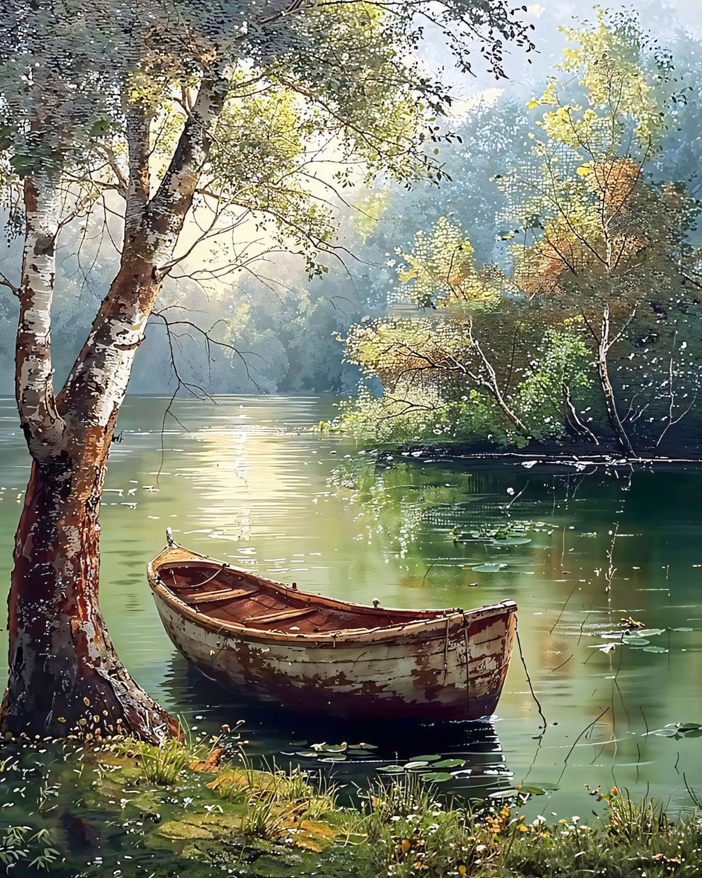 Starý dřevěný člun sedící ve vodě ilustrace, nápady na výzdobu stěn od F. Abderrahim