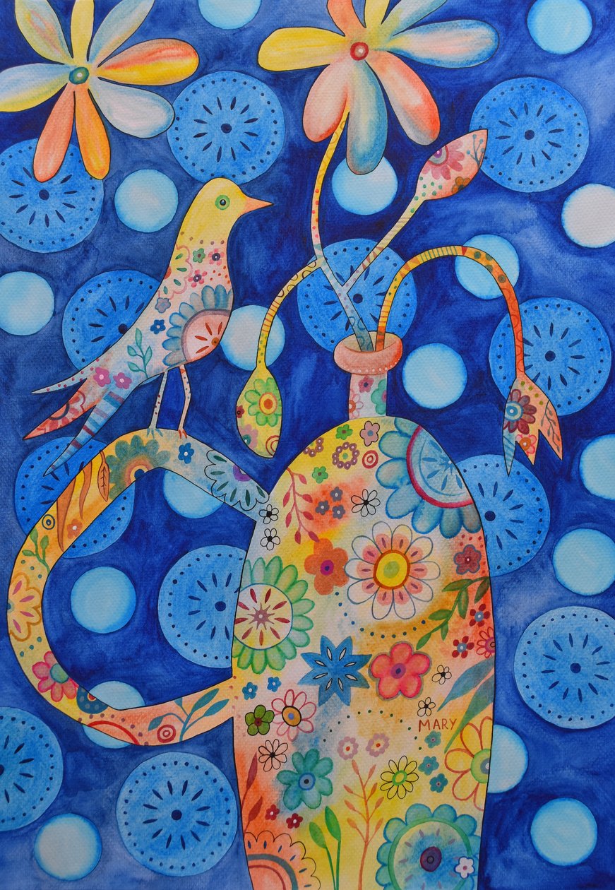 Pták na váze s květinami od Marys Watercolors