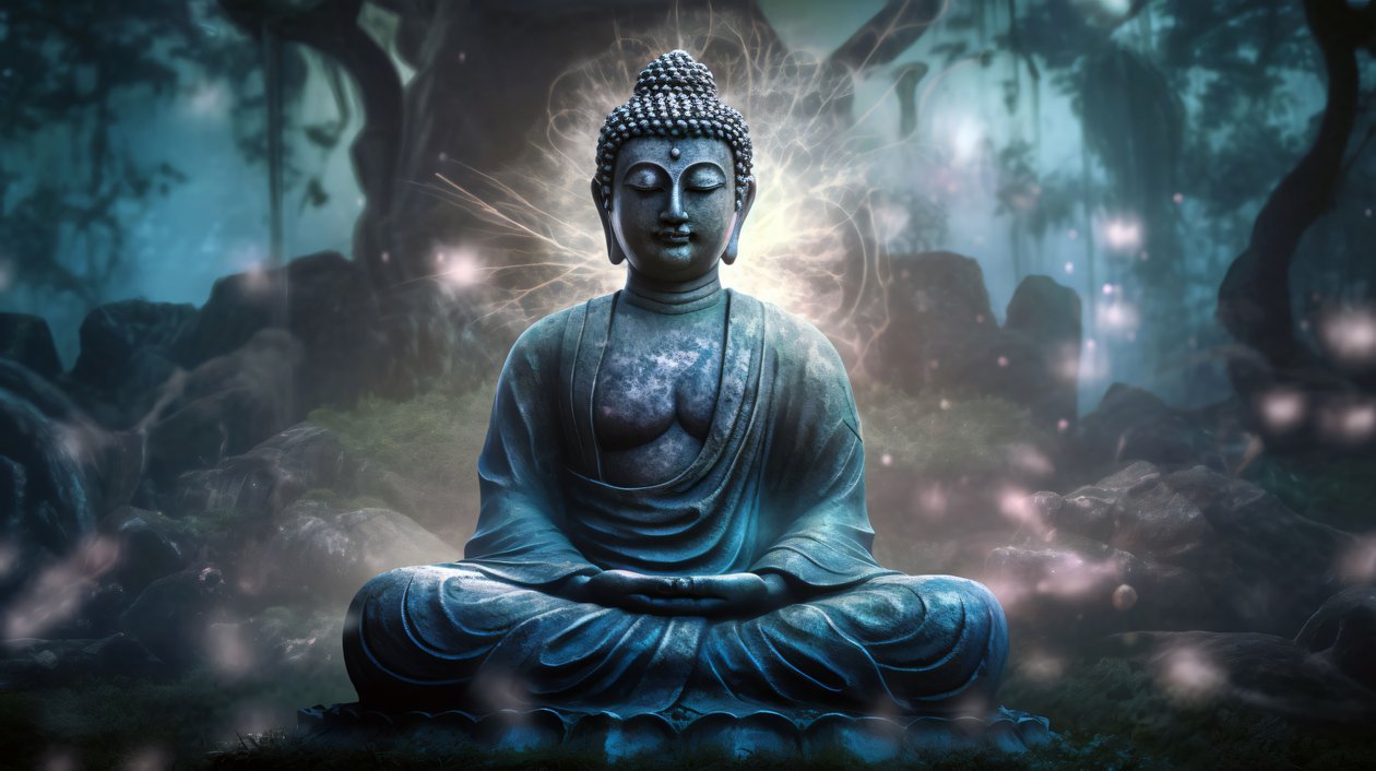 Buddha sedí v klidné meditaci, duchovní buddhistické plátno, zarámované výtisky na zeď od F. Abderrahim
