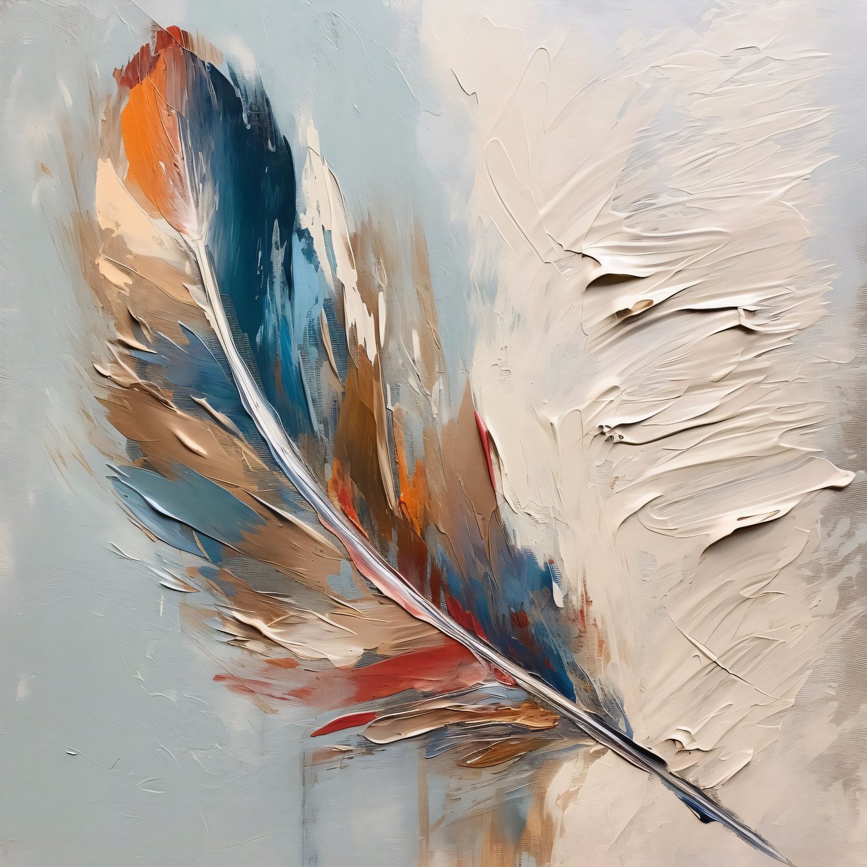 Red Blue Feather Textured Partial Oil Painting, online výtisky na zakázku na plátně od F. Abderrahim
