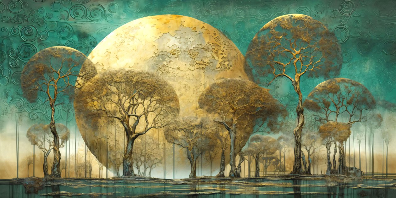 Surrealistická abstrakce stromové krajiny v jemných tónech, moderní dekorace na zeď od F. Abderrahim