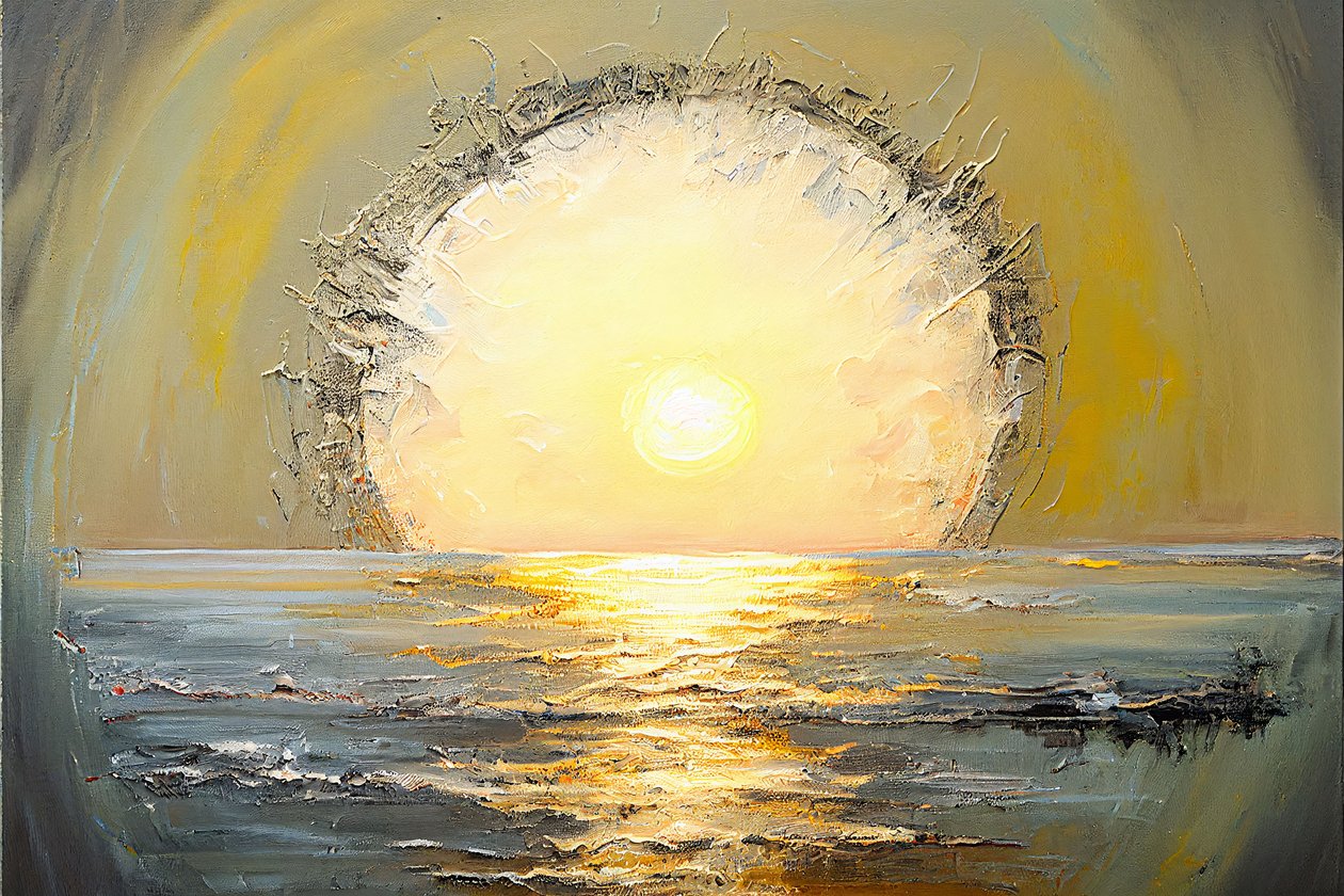 Abstrakt obřího slunce nad obzorem oceánu, velký tisk na plátno od F. Abderrahim