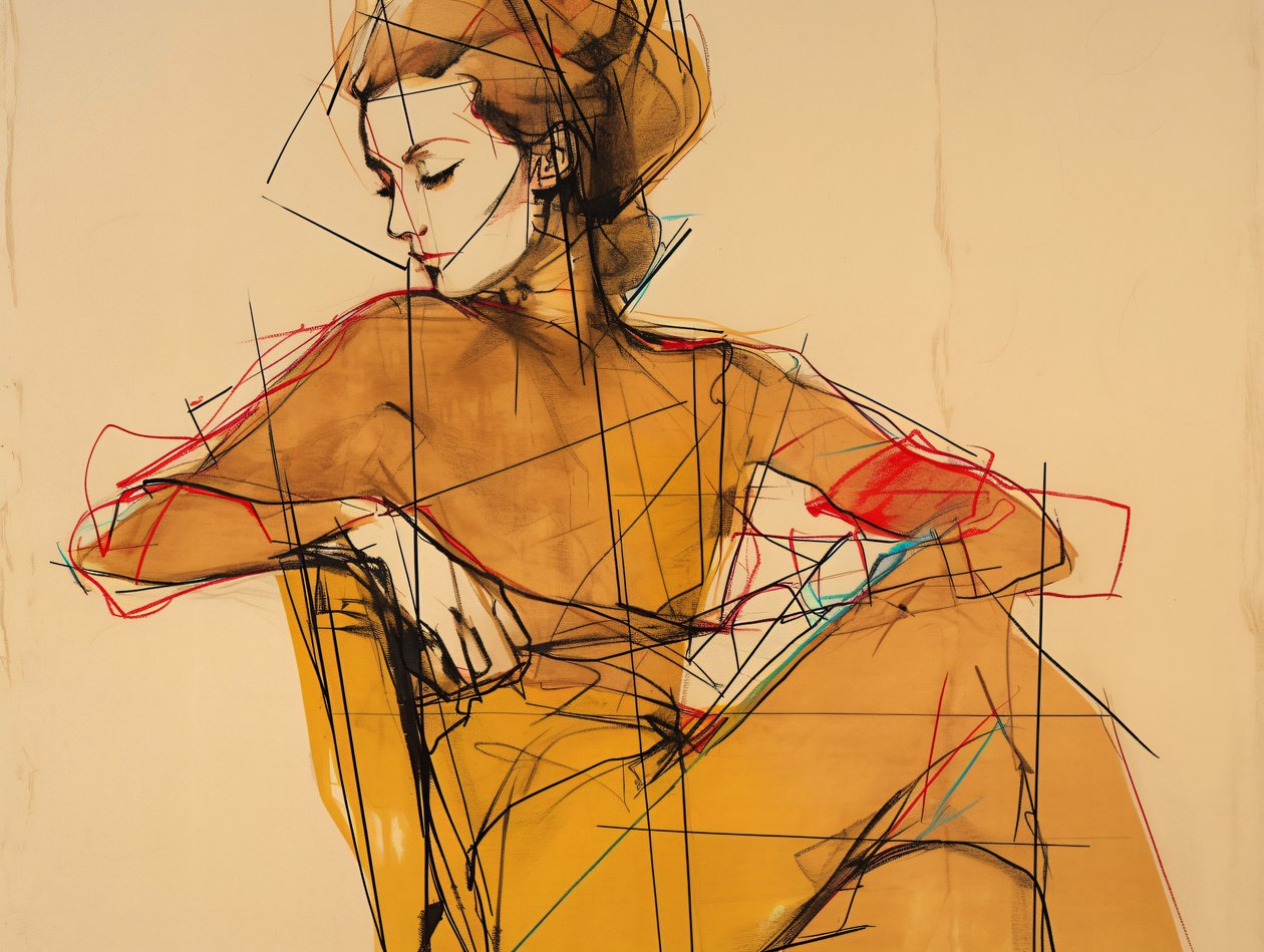 Módní ilustrace a kresba ženy sedí, portrét v elegantní hnědé šaty, umělecké výtisky od F. Abderrahim