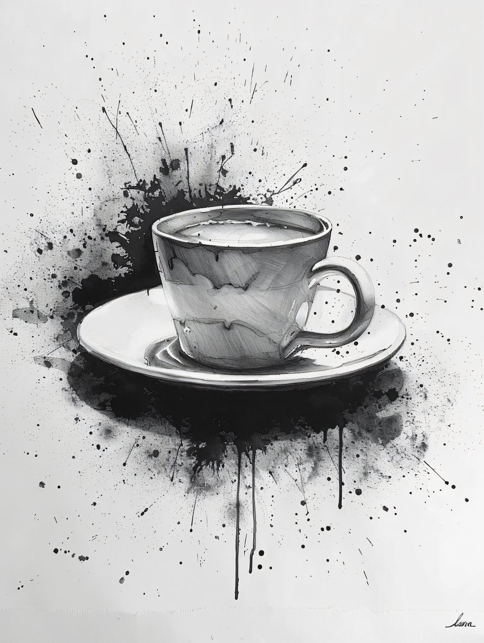 Minimalistické Single-Line Noir Scene s kávovou skvrnou Highlights, online umělecké výtisky od F. Abderrahim