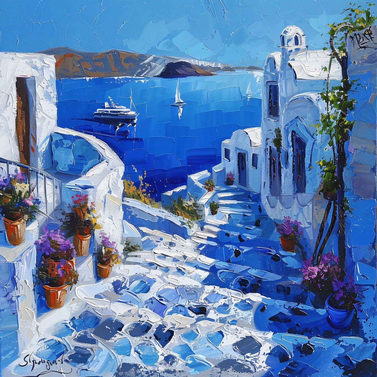 Santorini s krásnými pouličními lampami, výtisky na plátně a v rámu na zdi od F. Abderrahim