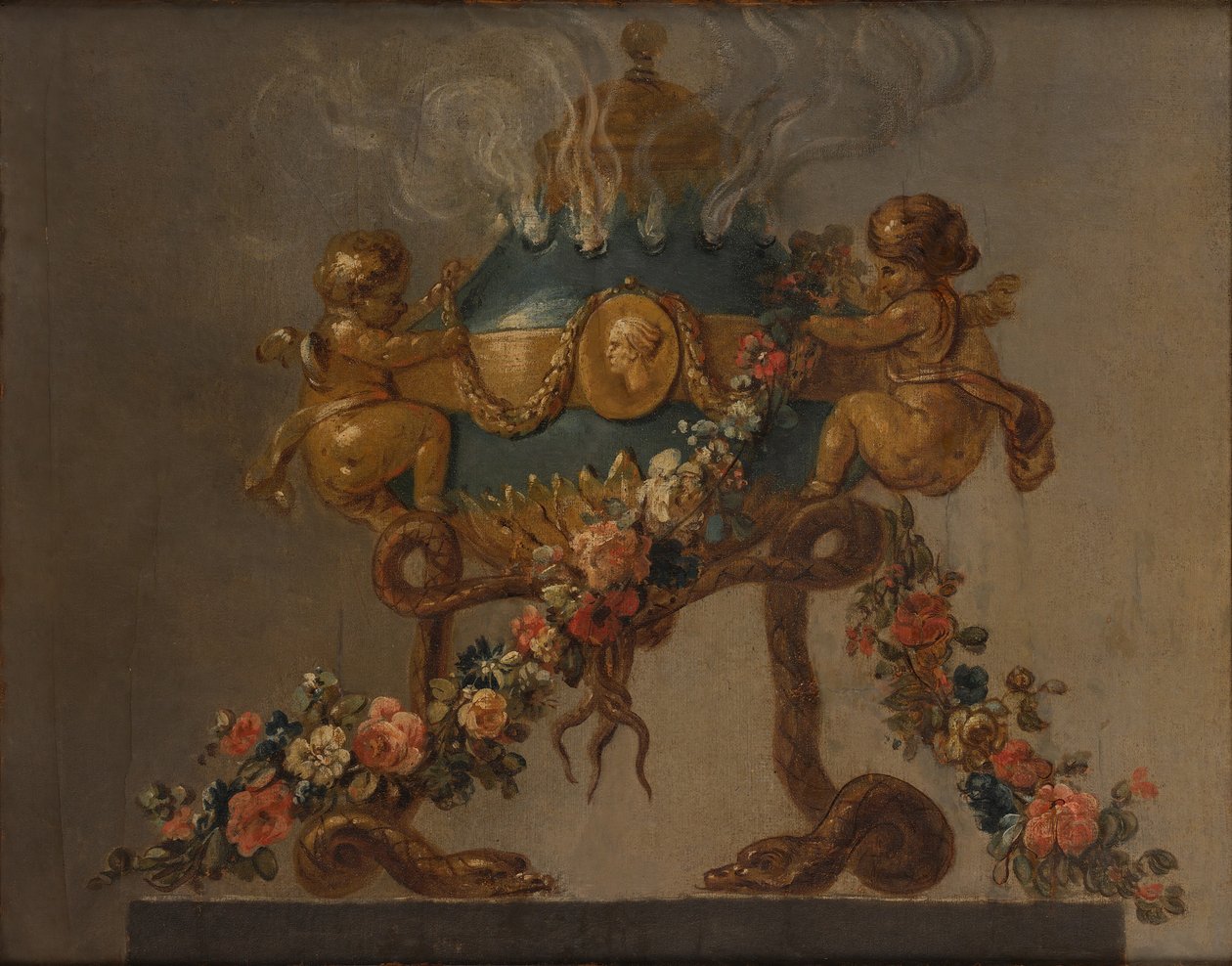 Hořák na parfémy podporovaný amorini a hady a ověnčený květinami, 18. století. od 18th century . French Painter