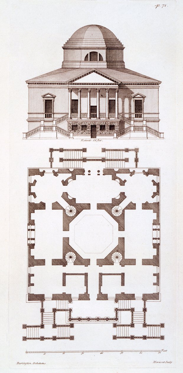 Plan and Elevation of Chiswick House, print made by Herisset, c.1720s od 3rd Earl of Burlington