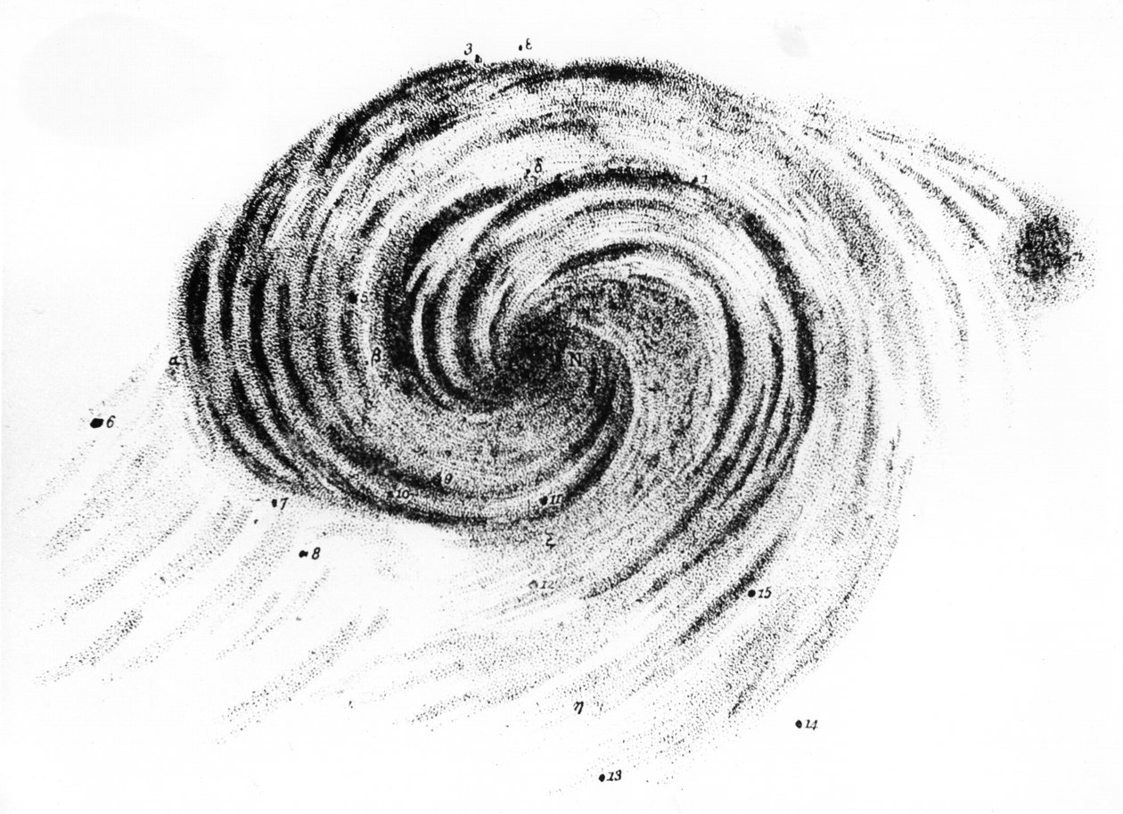 Pozorování spirální galaxie v Canes Venatici nakreslené lordem Rossem, 1850 od 3rd Earl of Rosse William Parsons