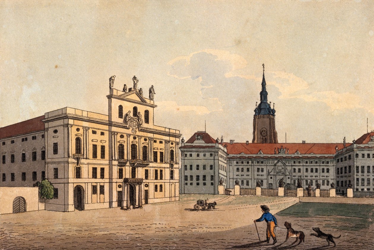 Arcibiskupský palác a I. nádvoří Pražského hradu, asi 1810 (kolorovaný lept) od A. and Berka, Johann Gustav