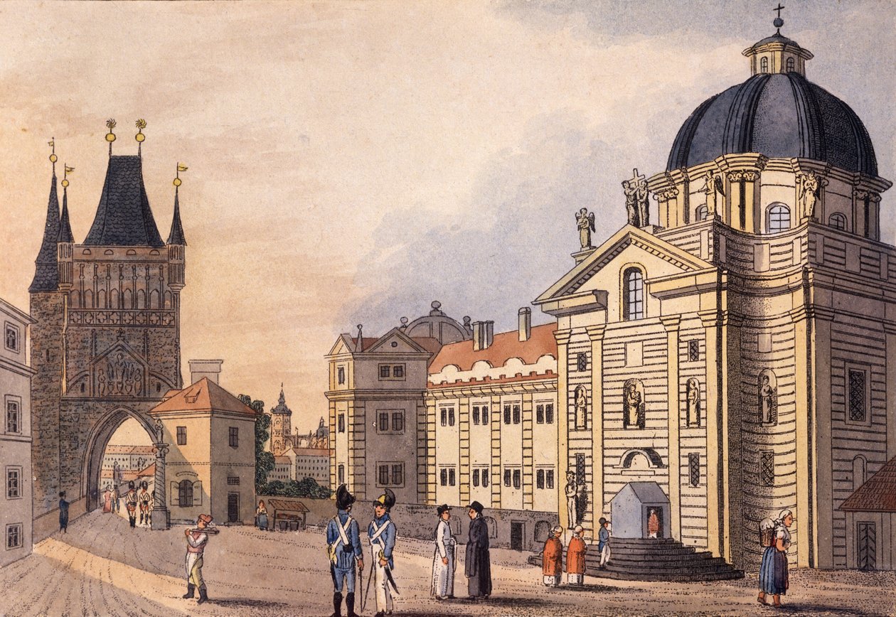 Křížovnické náměstí, Praha, asi 1810 (kolorovaný lept) od A. & Berka, Johann Gustav