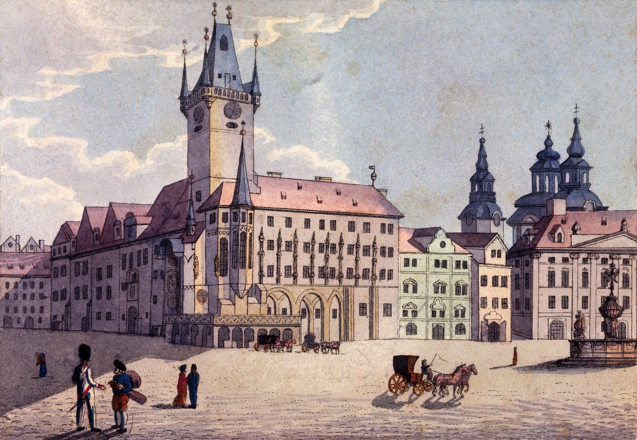 Staroměstské náměstí z Celetné ulice, Praha, kolem roku 1810 (barevný lept) od A. and Berka, Johann Gustav