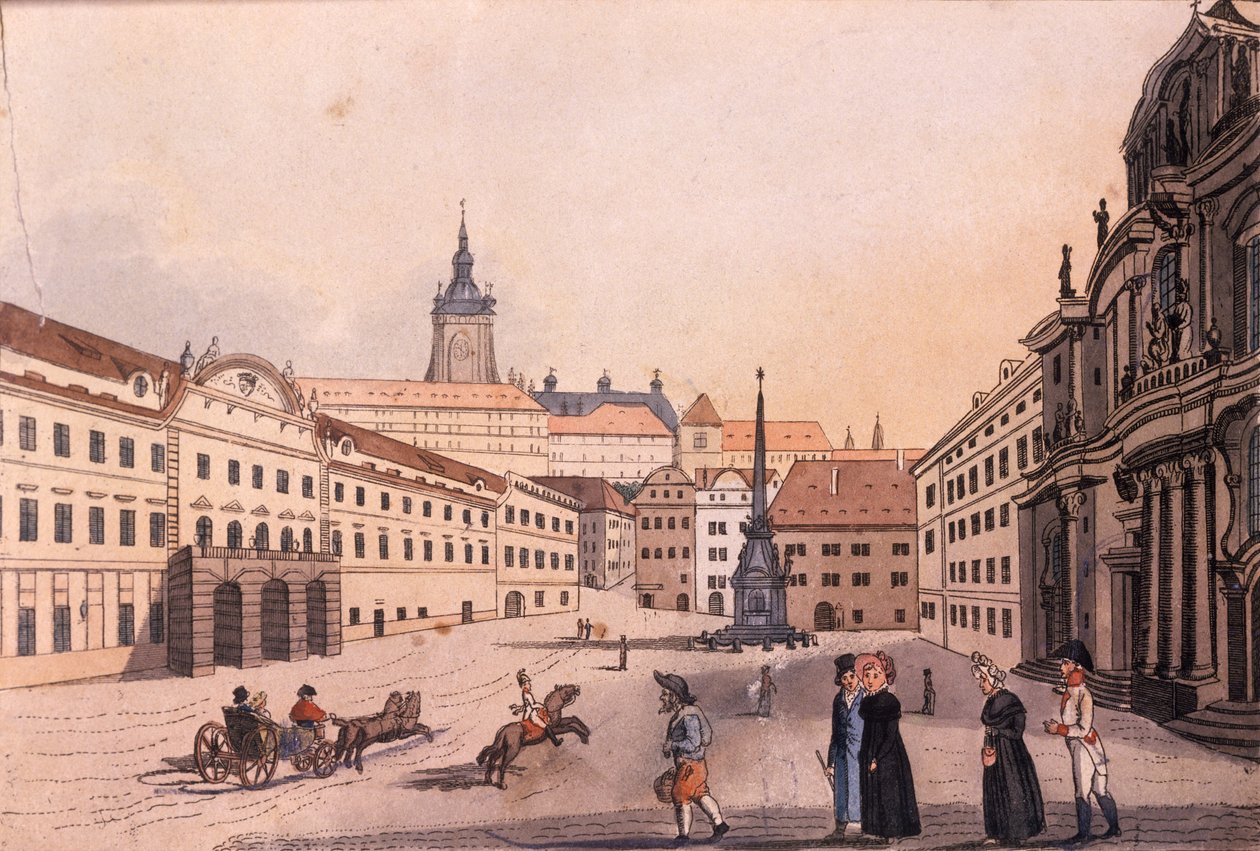 Horní Malostranské náměstí, Praha, kolem 1810 (barevný lept) od A. and Berka, Johann Gustav