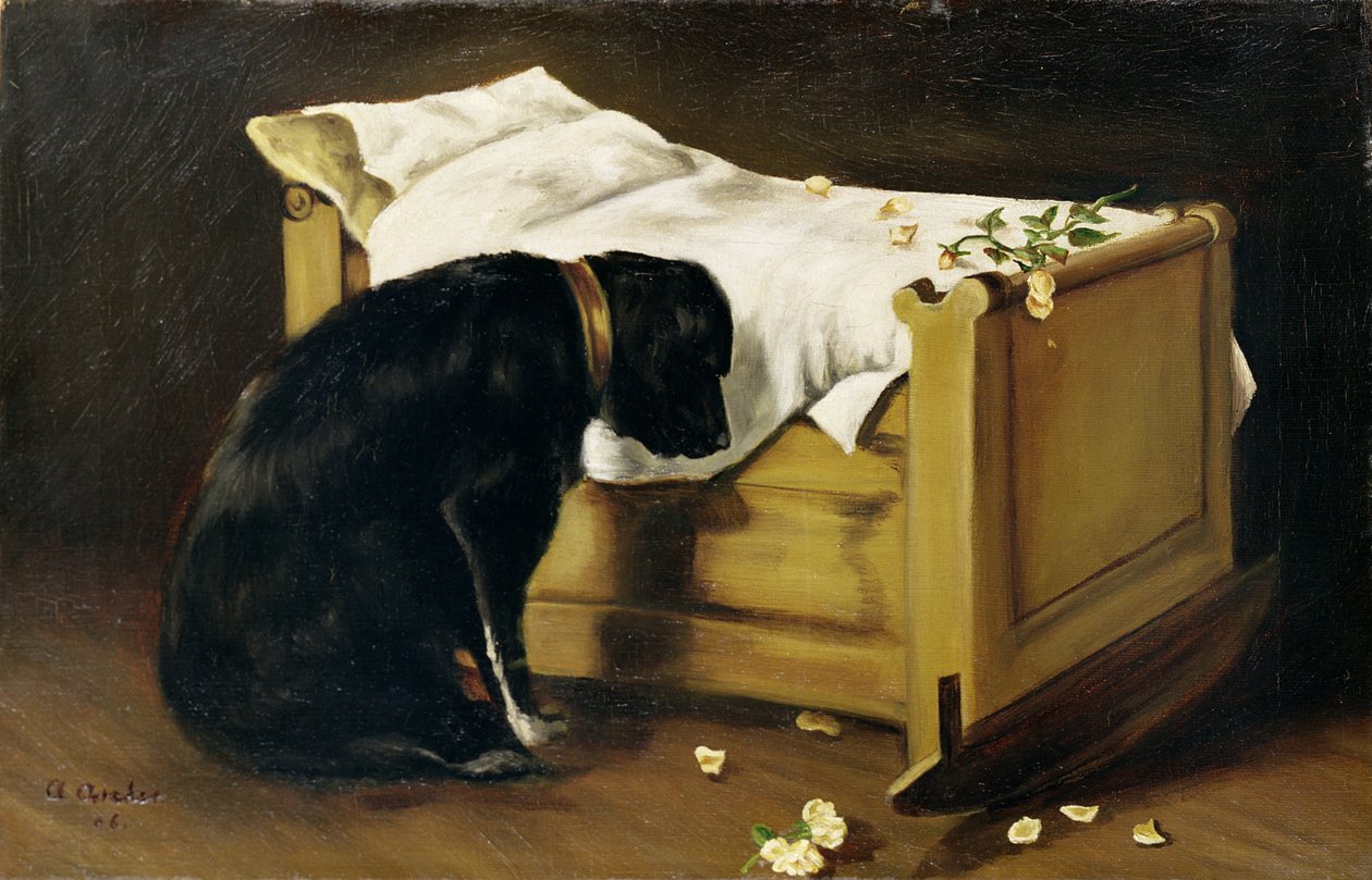 Pes oplakávající svého malého pána, 1866 od A. Archer
