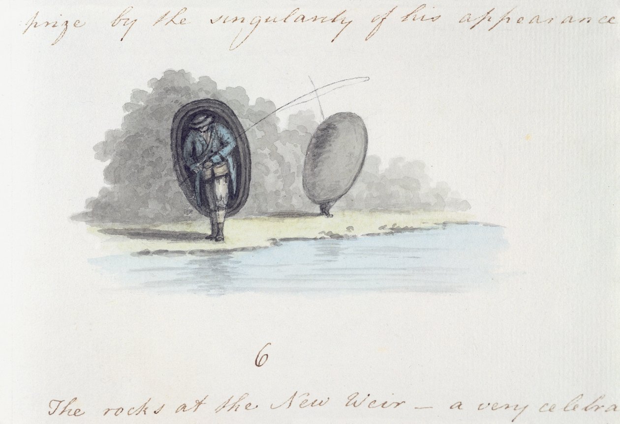 Rybář, z "Deníku z cesty po řece Wye", vytištěného v roce 1786 (perem a tuší s čb) od A. Cooper