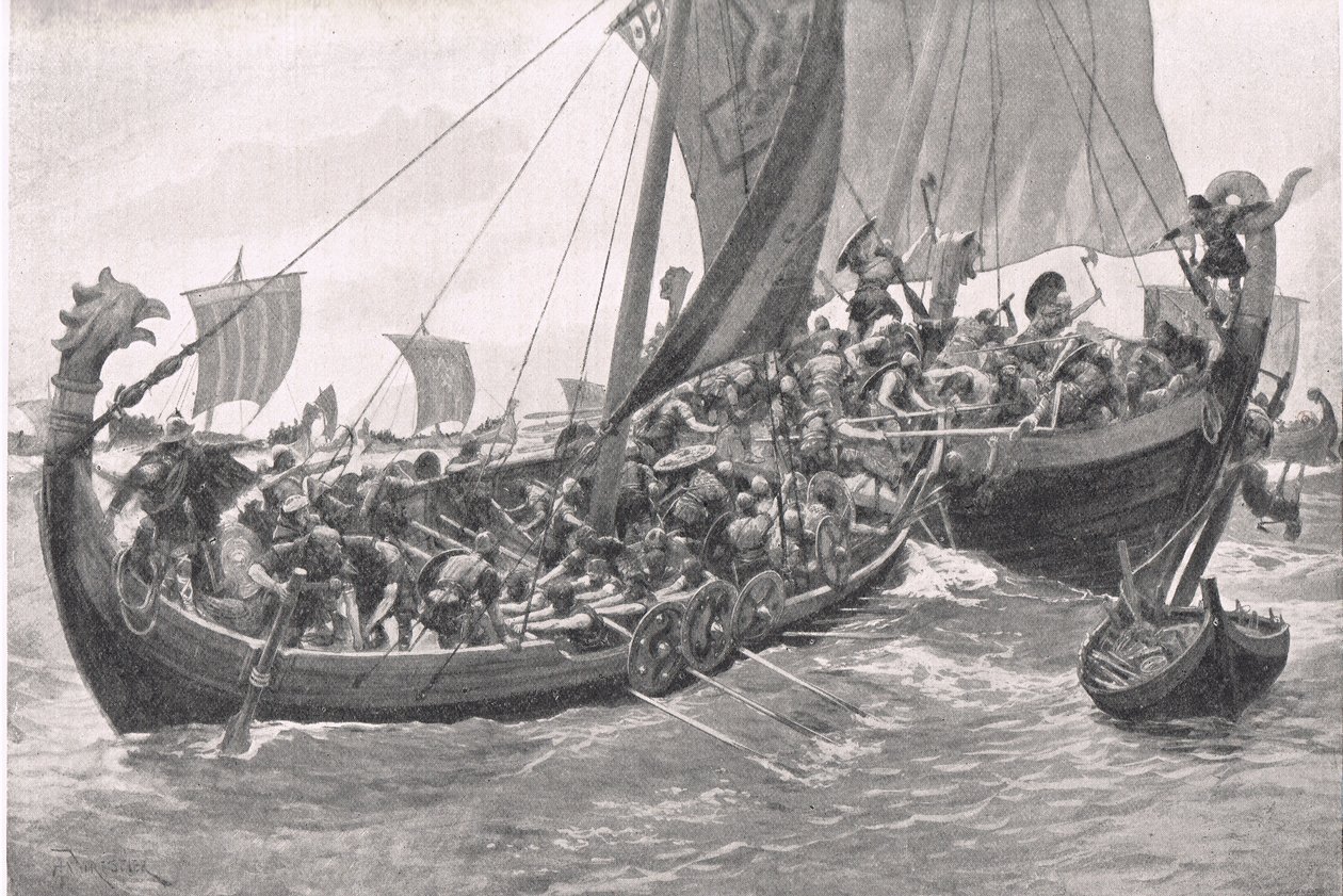 Britská první námořní bitva, ilustrace z britských bitev na souši a na moři, vydal Cassell, Londýn, kolem roku 1910 od A. Forrestier