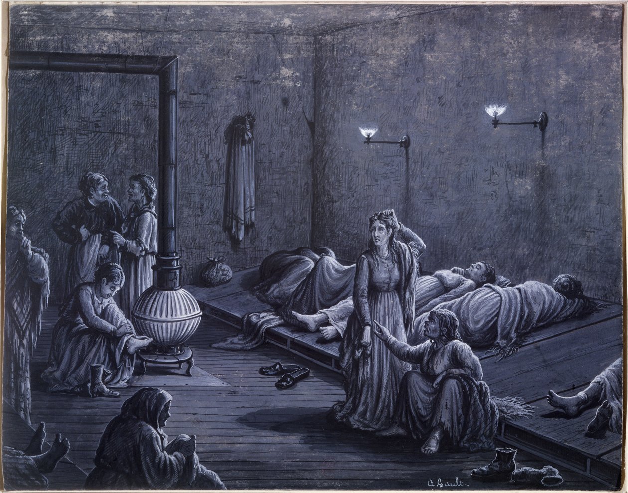 Interiér nočního útulku pro chudé ženy, 1850-60 od A. Gault