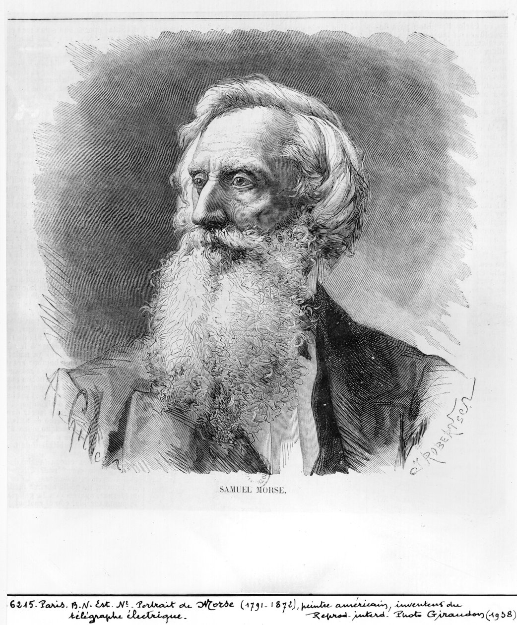 Portrét Samuela Morse (1791-1872) vyrytý C. Robertsonem (xylograf) (černobílá fotografie) od A. Gilbers