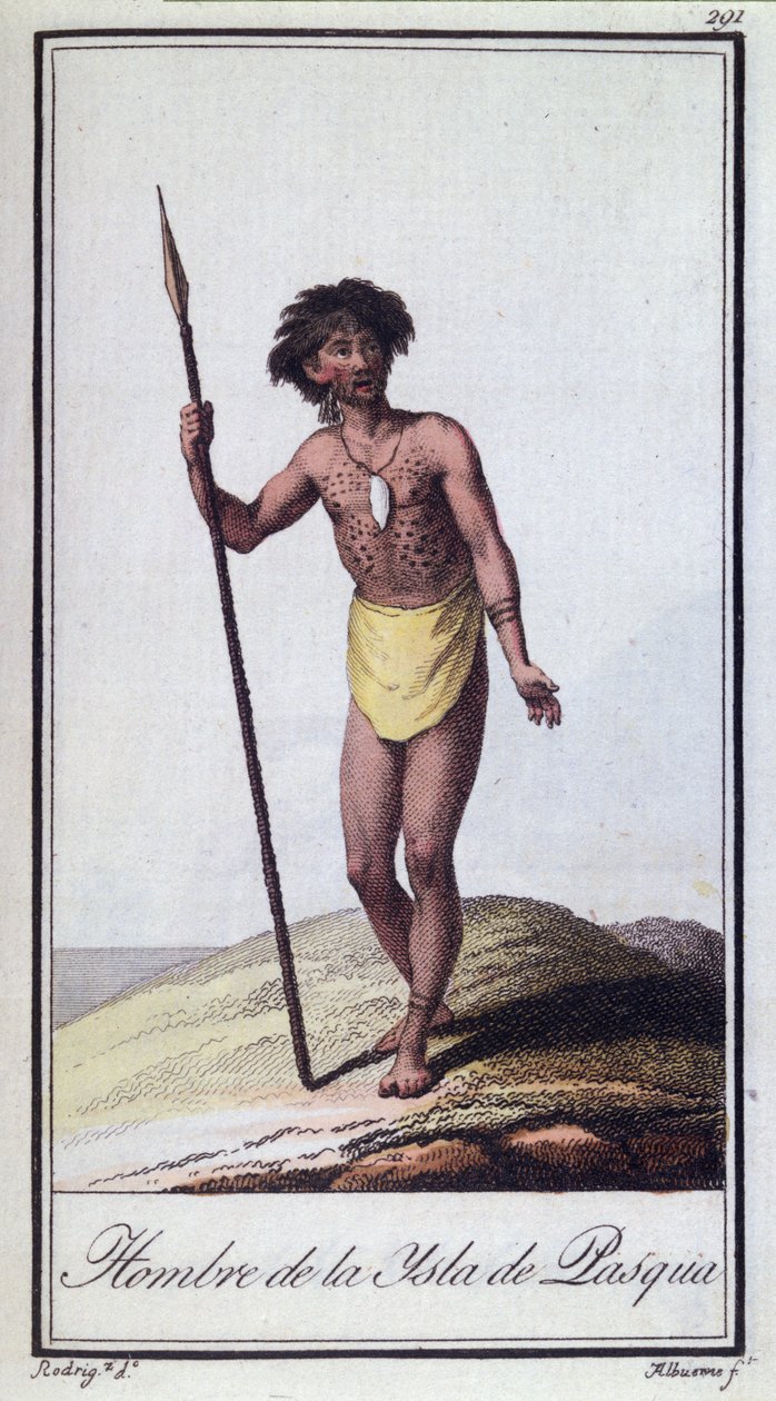 Muž z Velikonočního ostrova, ryl Albuerne, 1799 kolorovaná rytina od A. Rodriguez