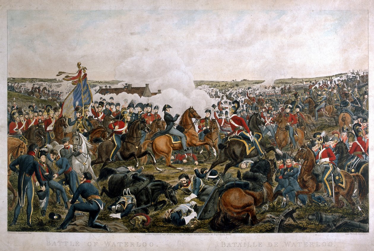 Bitva u Waterloo, 1815, vyryl J.A. Cook, 1816 (barevná akvatinta) od A. Sauerweld
