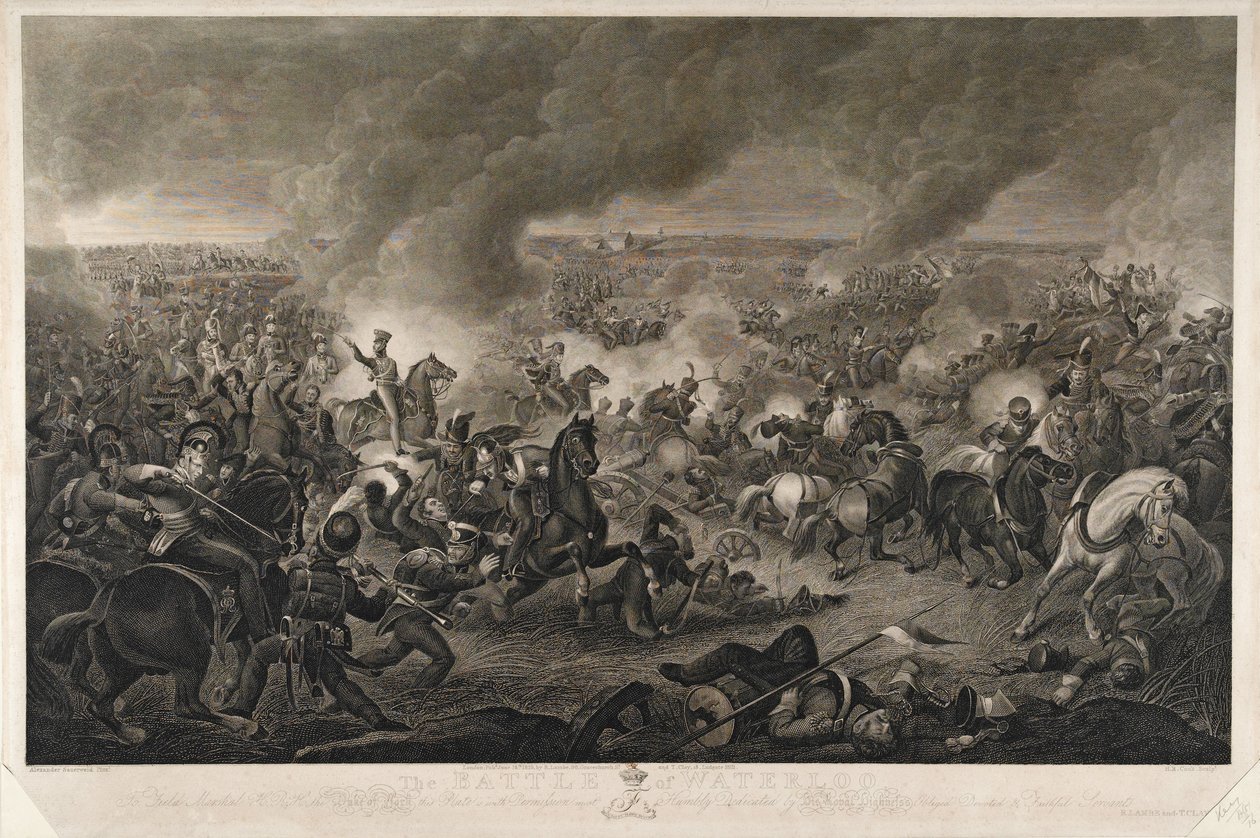 Období se blíží ke konci dne... , Bitva u Waterloo, 18. června 1815, ryl H. R. Cook, vydal T. Clay a R. Lambe, rytina června 1819 od A. Sauerweld