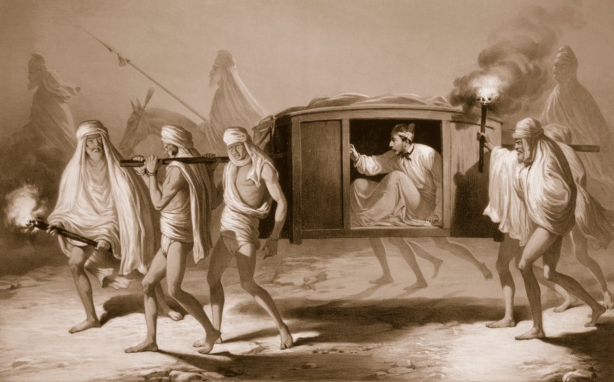 Post-chaise v indickém stylu v Paňdžábu mezi Ludhiana a Amritsar, z „Voyages in India“, 1859 od A. Soltykoff