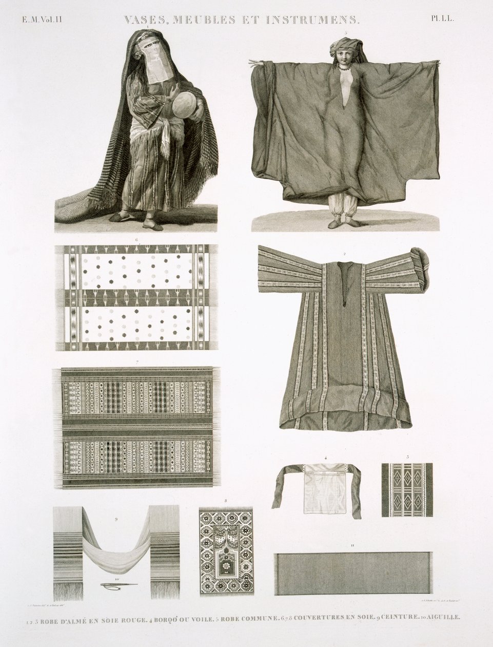 Ukázky hedvábných a egyptských kostýmů z knihy Popis Egypta, vyryté Jehottem a Texierem, vydané na Napoleonův příkaz, 1822. od A. and Balzac, C. Dutertre