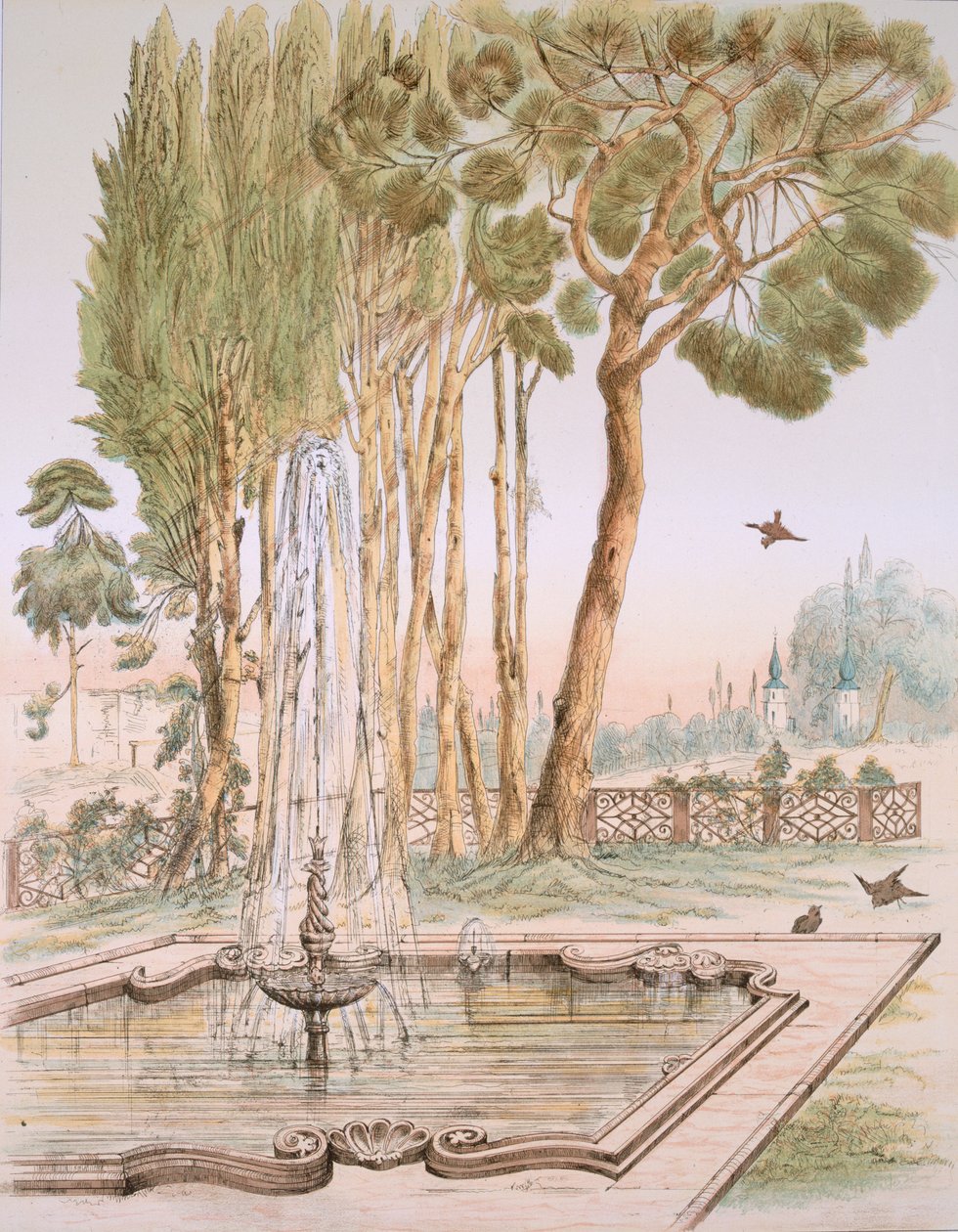Zahrada v Turecku, 19. století (chromolit) od A. de Beaumont